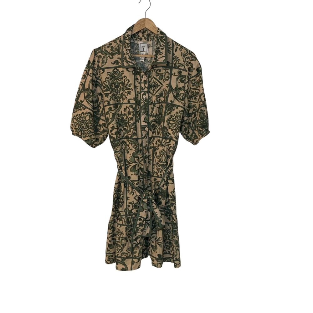 Lea Womens Olive Green Button Up Belted Linen Blend Cottagecore Dress XL Boho
